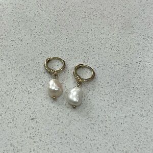 Gold Plated Hoop Earrings with White Baroque Pearls